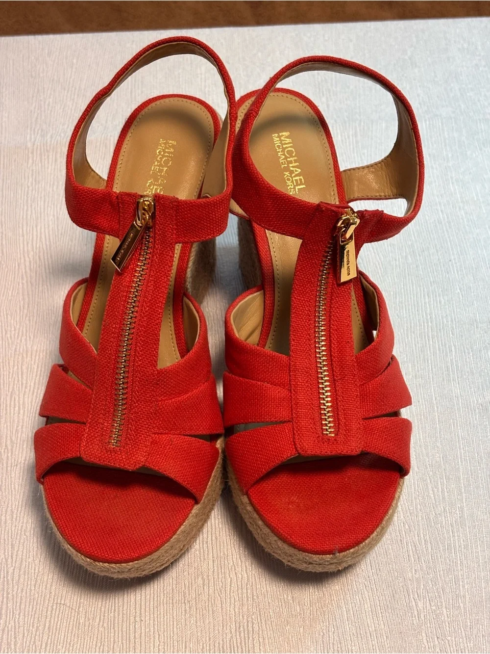 Michael Kors Red-Orange/ Coral Espadrille Wedge Sandals with Gold Zipper. Sz 8.5